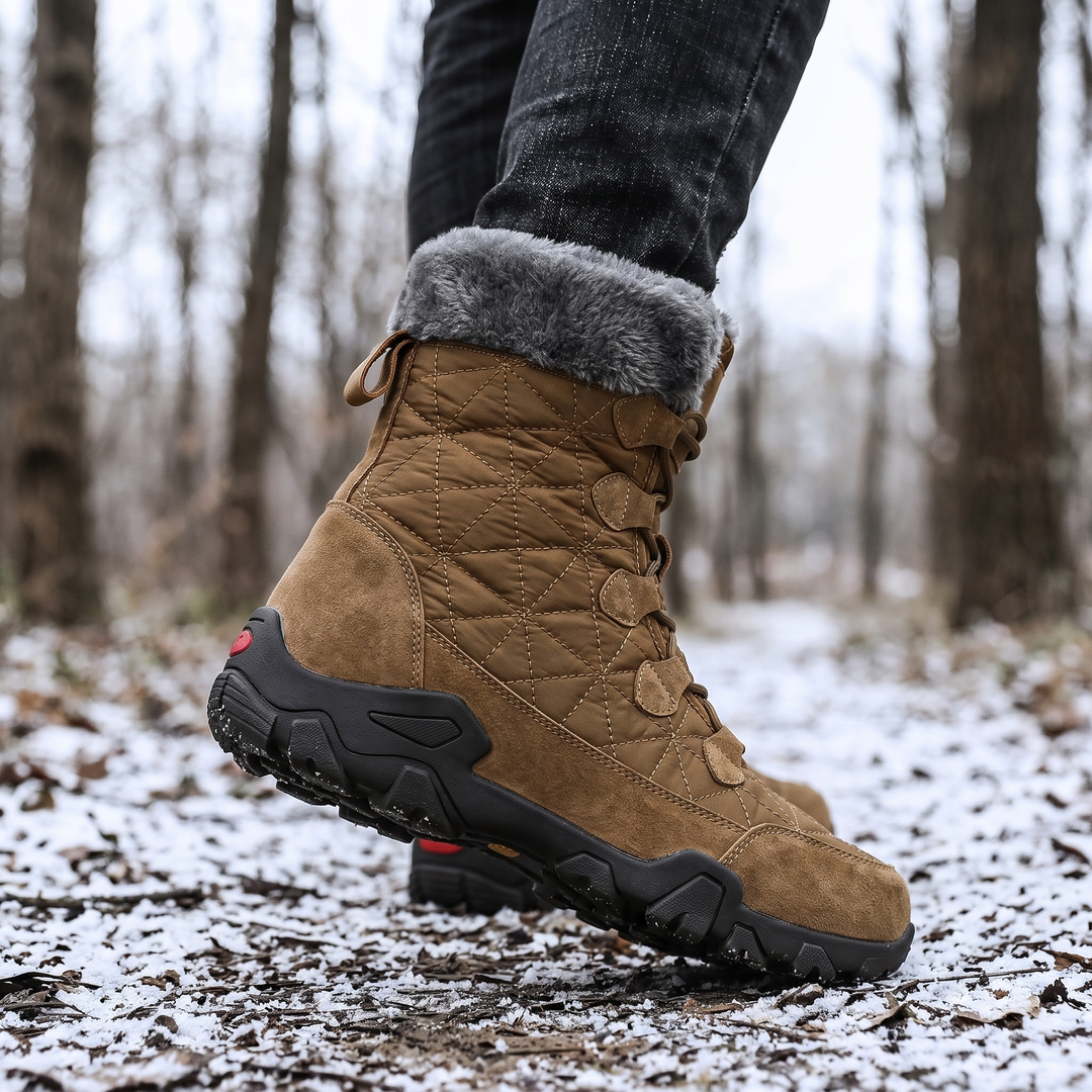 Man walking through snow in brown quilted tall winter boots