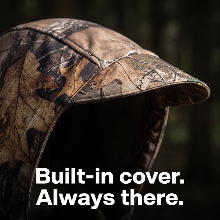 Close-up of the fixed structured hood on the men's camo hunting jacket — Built-in cover. Always there.