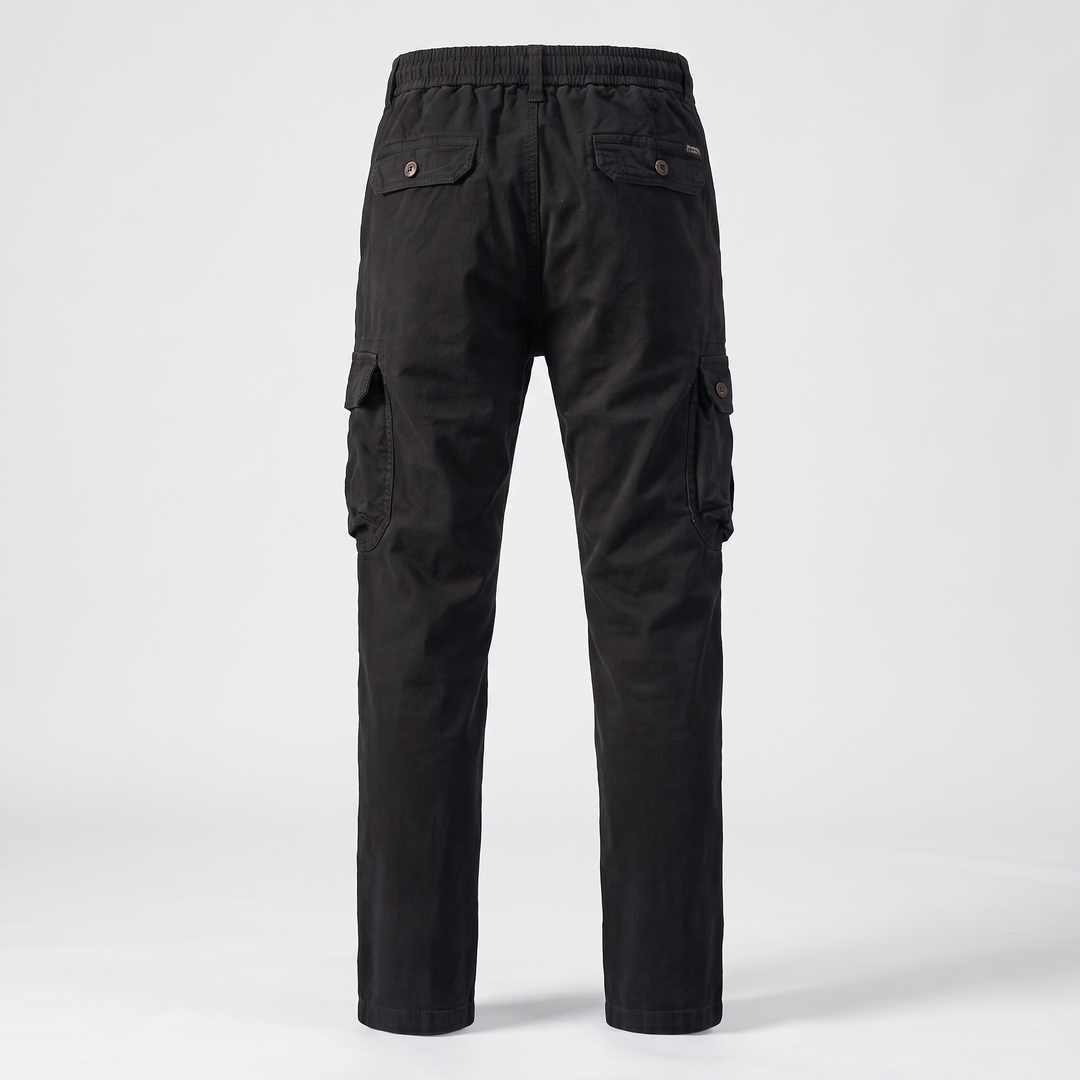 Black cotton cargo pants, back view, two back pockets with button flaps and thigh cargo pockets
