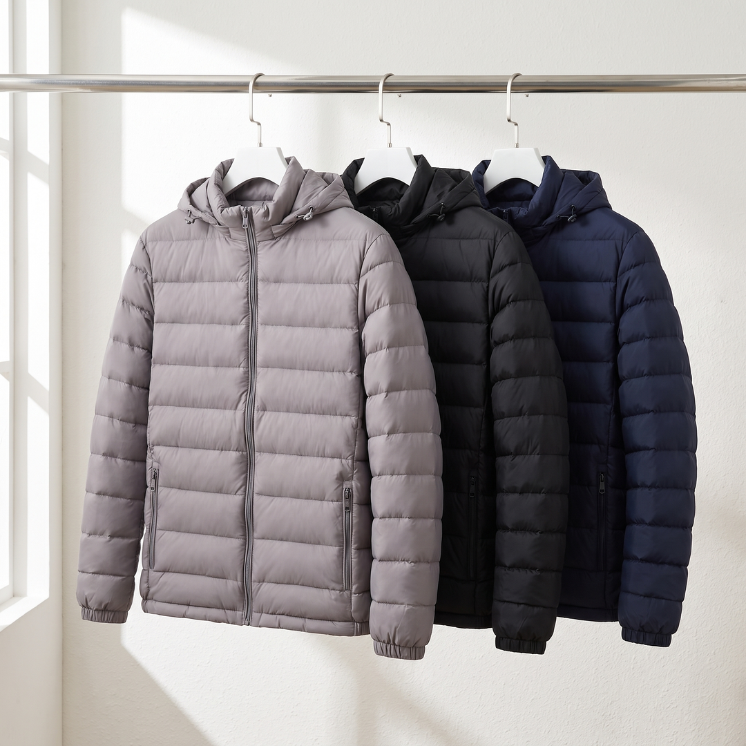Men's hooded puffer jacket in Black, Gray and Navy on a rail