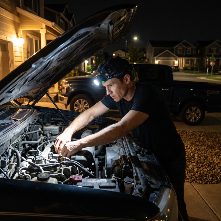 Man working under a truck hood at night with both hands free, wearing the headlamp