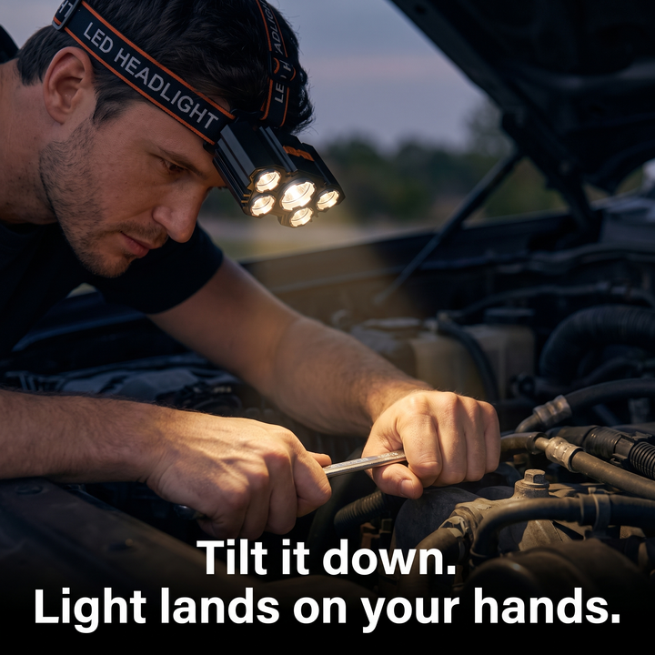 LED headlamp tilted down to light the hands during an engine repair