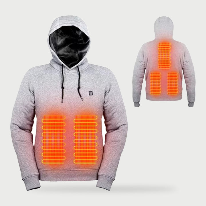 Gray heated hoodie front and back with five glowing heating zones