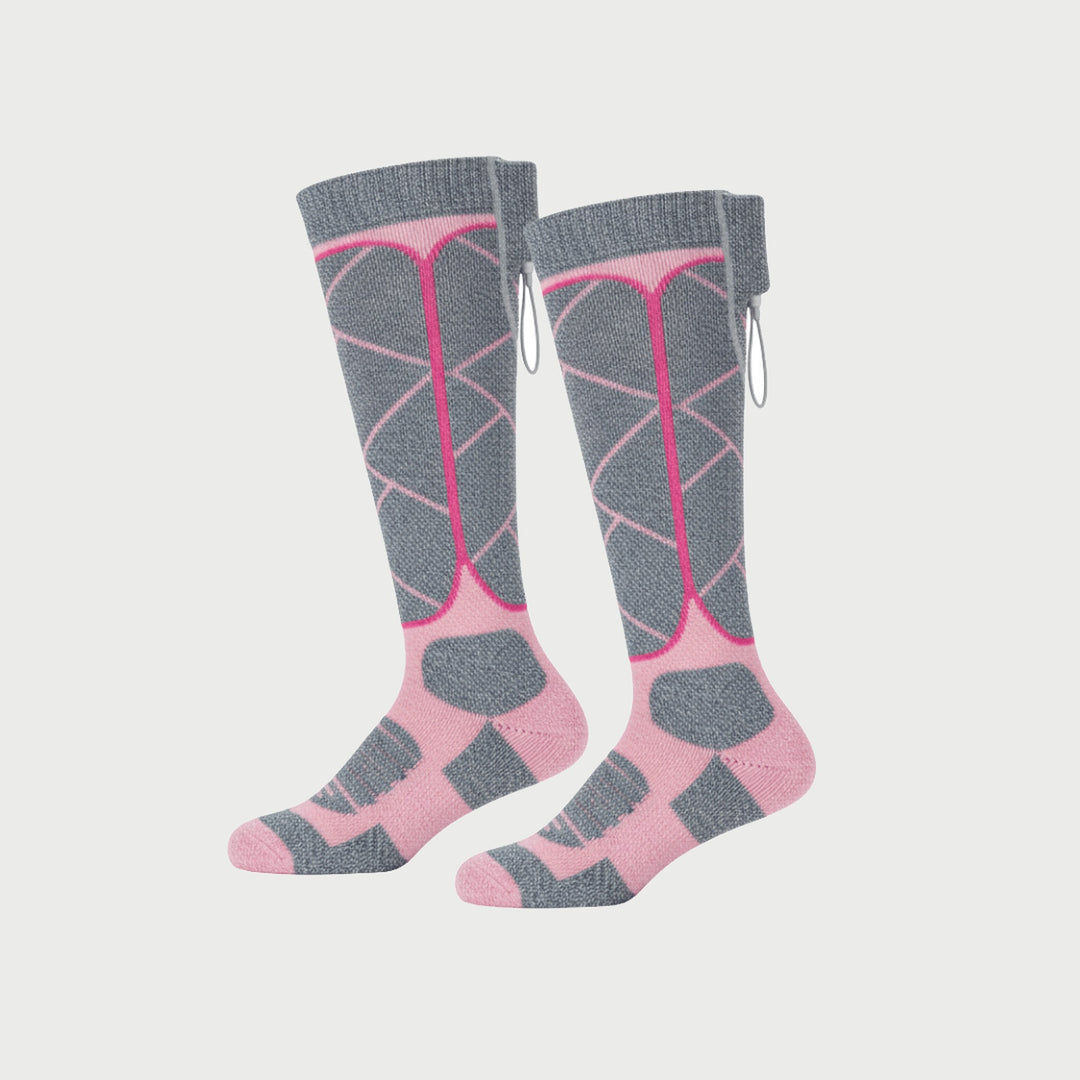 Knee-high electric heated ski socks in Pink and Gray