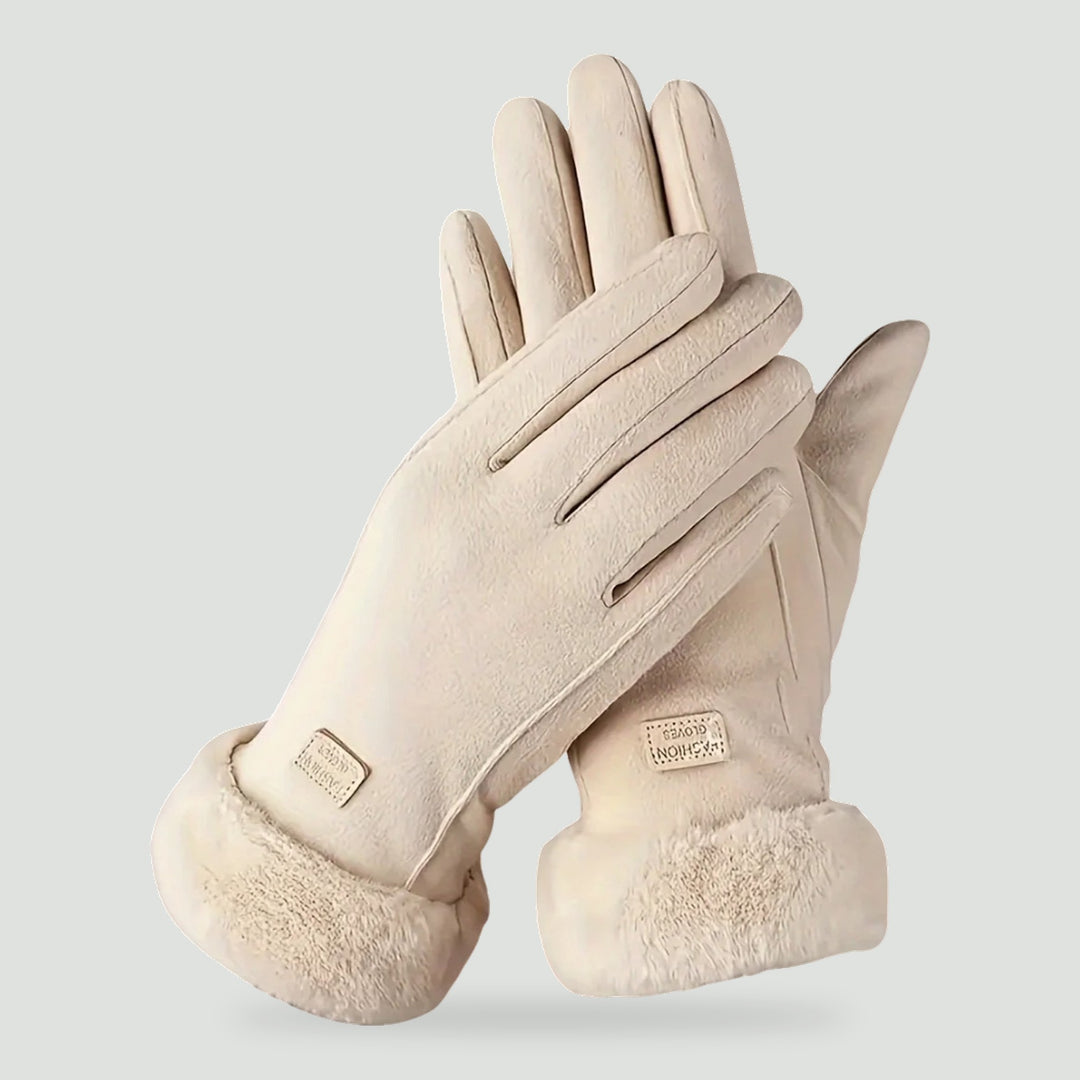 Women's winter gloves in Beige with plush faux fur cuff