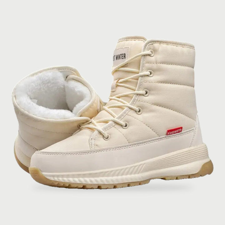 Beige quilted winter boots showing the warm plush lining inside