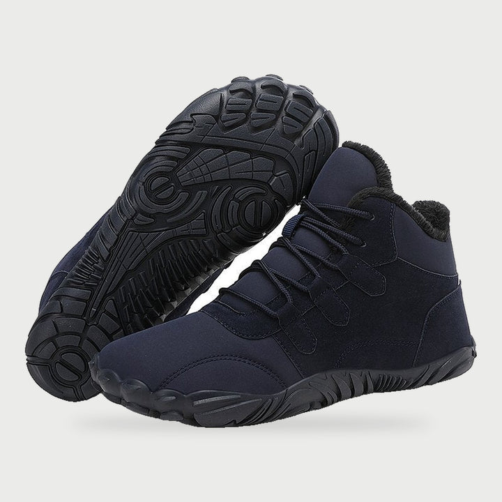 Winter barefoot shoes in navy with fleece lining and lug tread sole