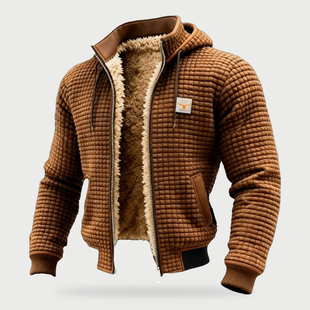 Men's brown quilted jacket with sherpa lining and hood