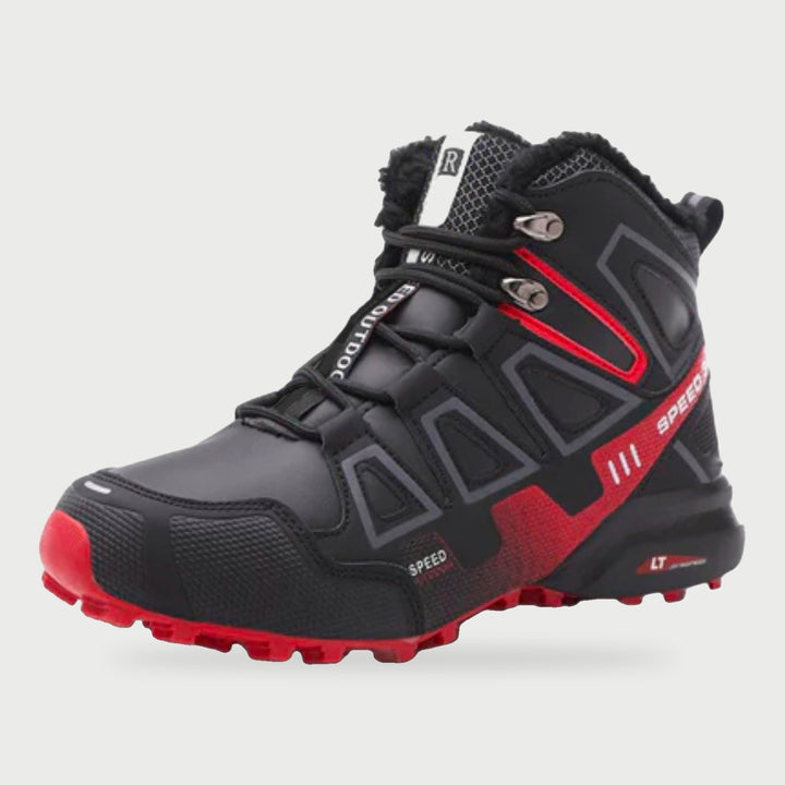 Winter hiking boots in Black/Red with faux fur collar and treaded sole