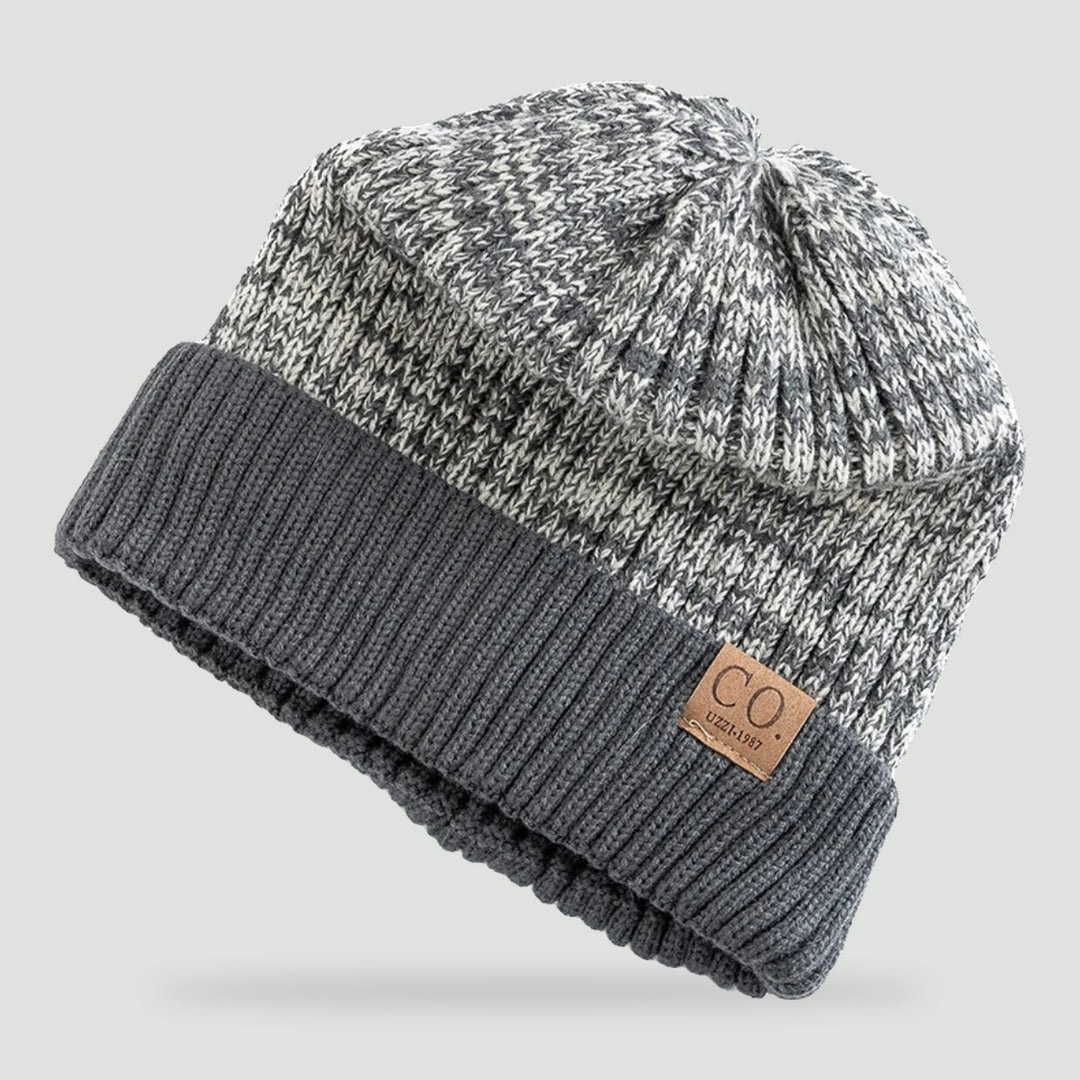 Fleece lined cuffed winter hat in Gray marled knit