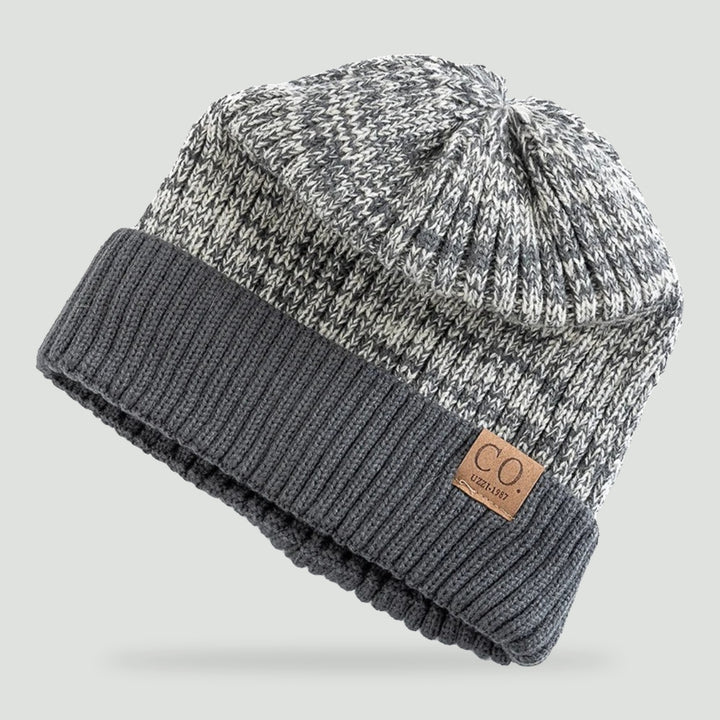 Fleece lined cuffed winter hat in Gray marled knit