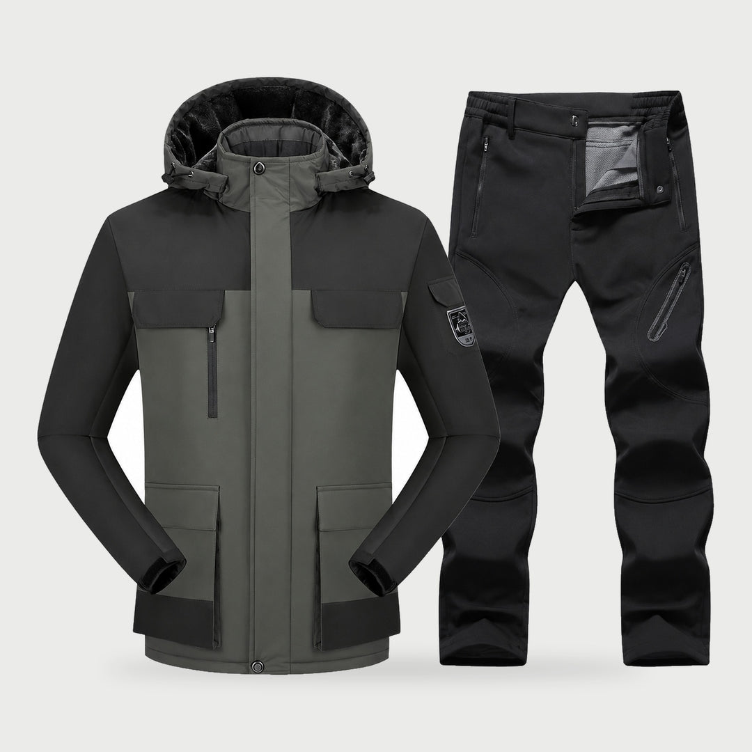 Men's ski suit with army green ski jacket and black ski pants