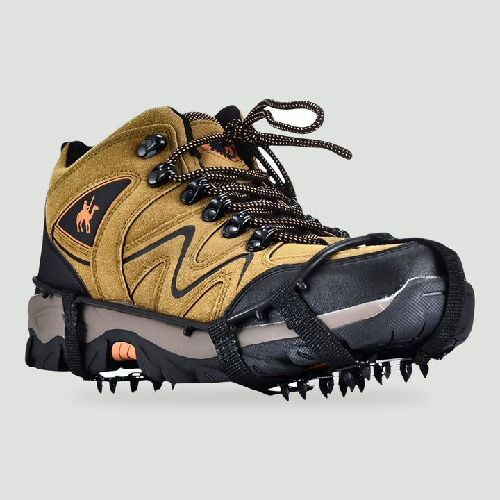 Hiking boot with the 24 spike crampons, side view