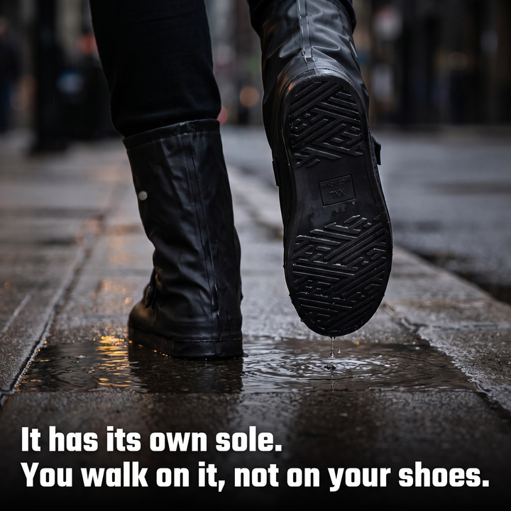 Walking on a wet city sidewalk in rain shoe covers, lifted sole showing the tread