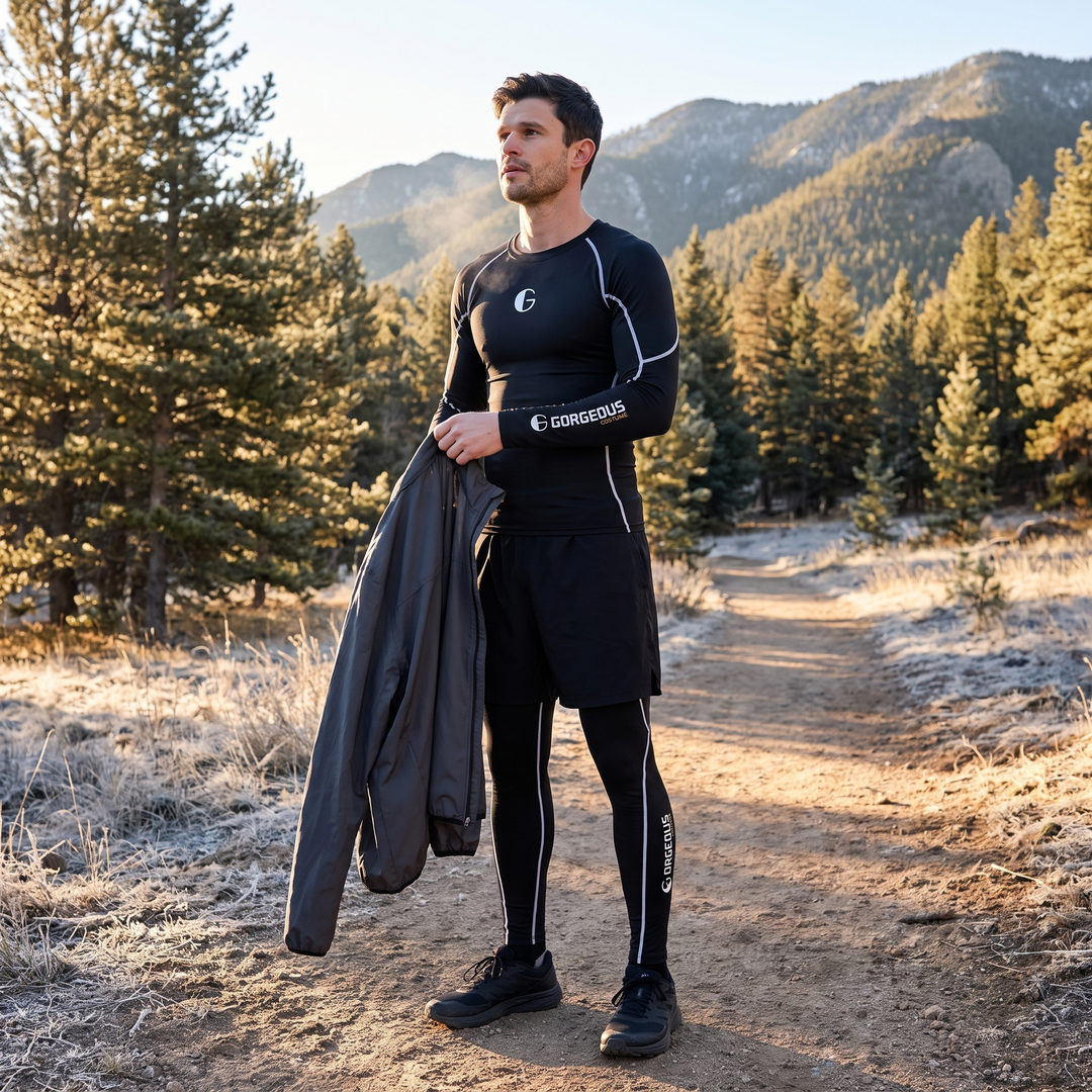 Runner at a frosty Colorado trailhead in the base layer top and leggings under running shorts