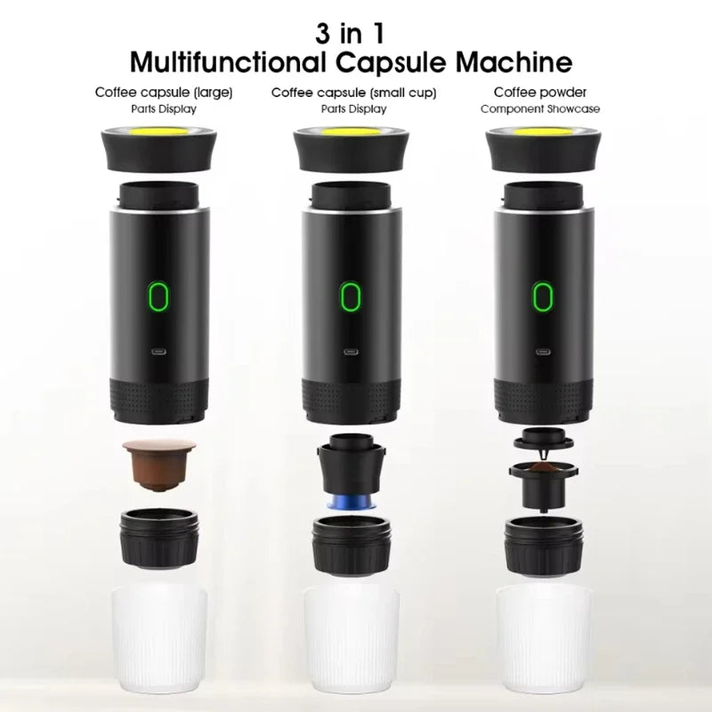 3 in 1 portable espresso maker for large capsules, small capsules and ground coffee