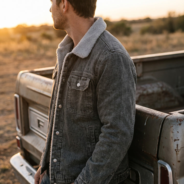 Man wearing the gray sherpa lined denim trucker jacket outdoors