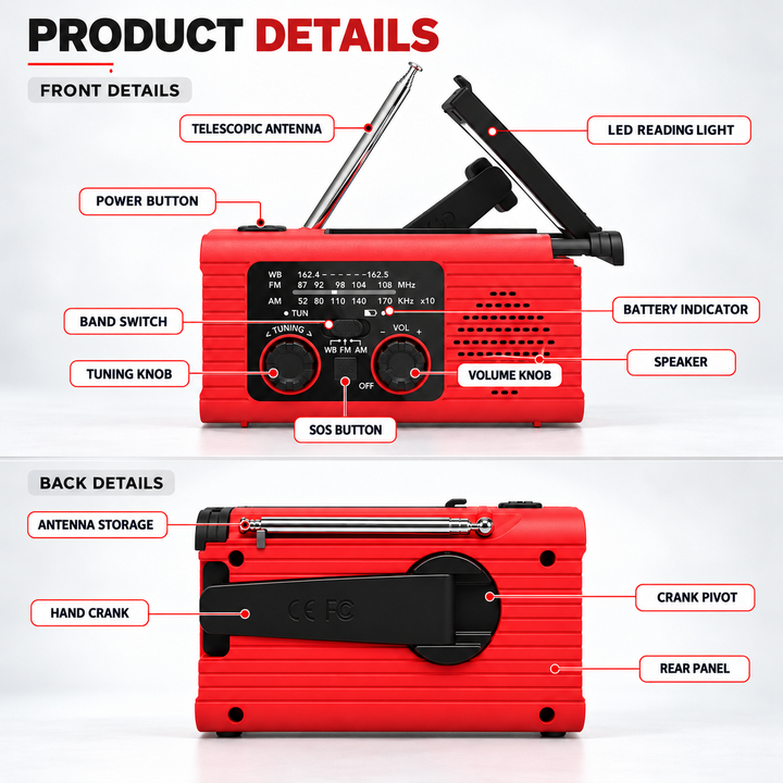 Weather radio details: antenna, reading light, power button, band switch, tuning and volume knobs, SOS button and hand crank