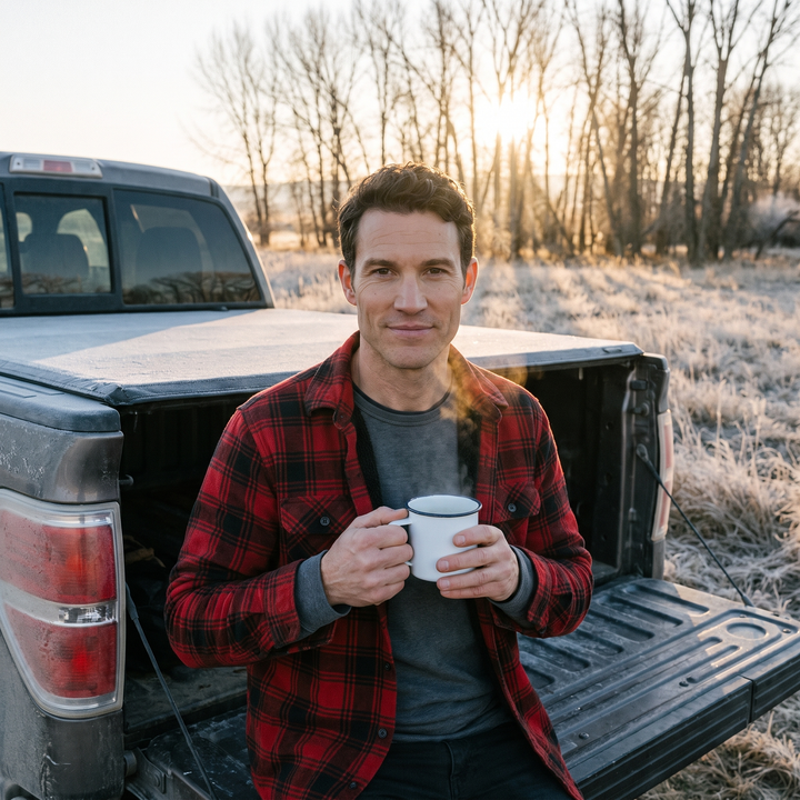 Man drinking coffee on a pickup tailgate at dawn wearing the thermal shirt under an open flannel