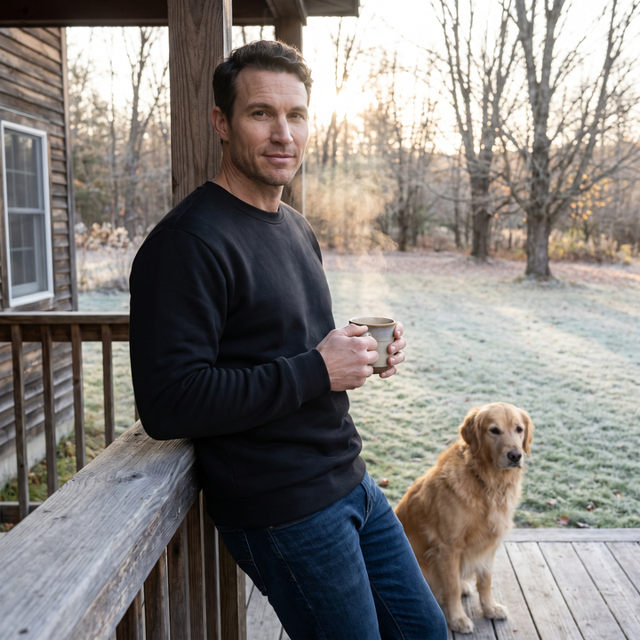 Man with coffee on a cold porch in Vermont wearing the Black crewneck sweatshirt