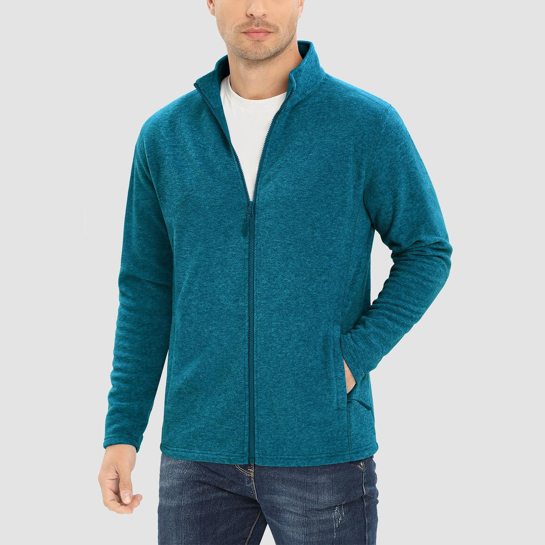 Men's full zip fleece jacket in Peacock Blue, worn, front view