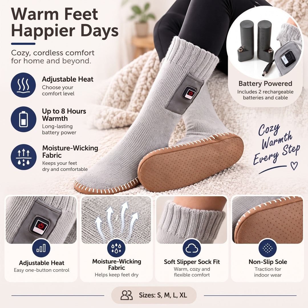 Heated slipper socks features: adjustable heat, up to 8 hours, moisture-wicking fabric, non-slip sole