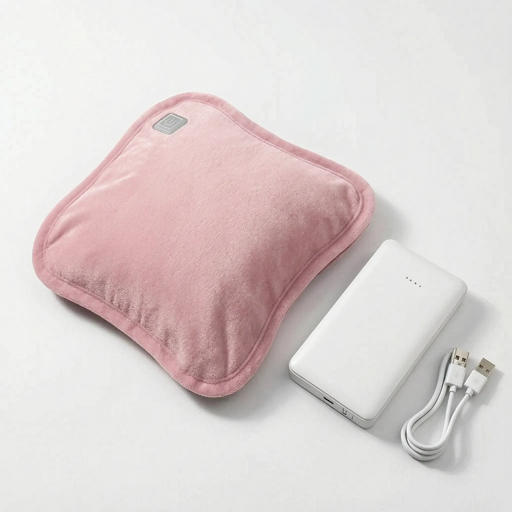 Pink hand warmer pouch with power bank and USB cable