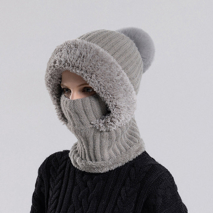 Women's balaclava hat in Gray, knit hood with faux fur trim, pom pom and face mask