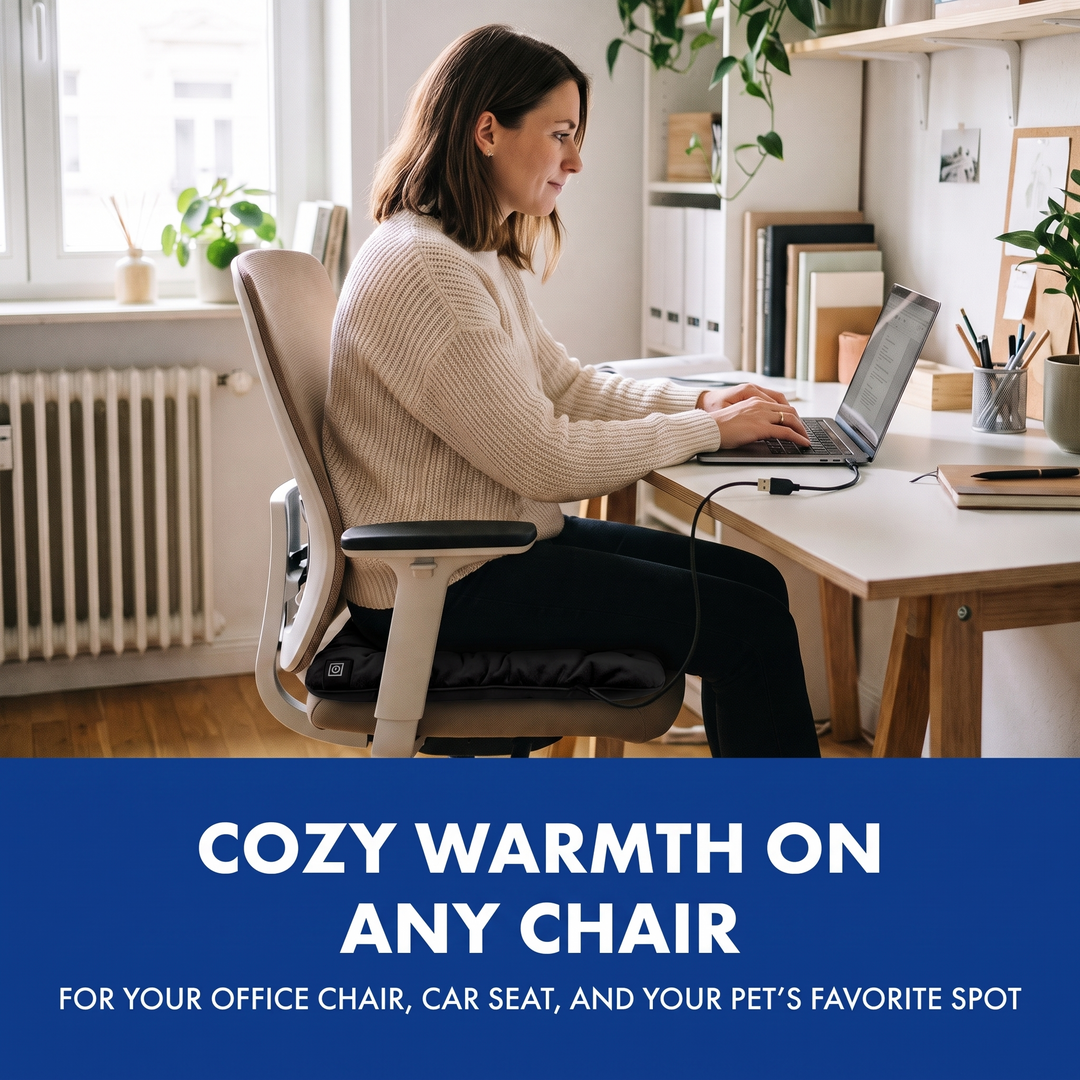 Woman working at her desk on the heated seat cushion