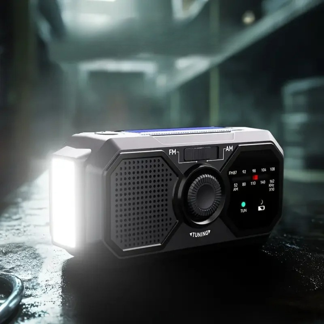 Pocket radio flashlight lighting up a dark garage