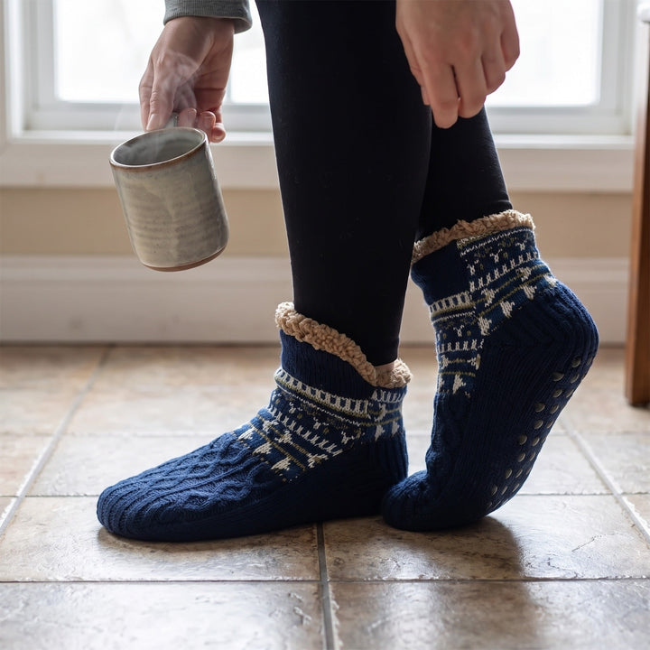 Wearing the navy slipper socks on a tile floor at home