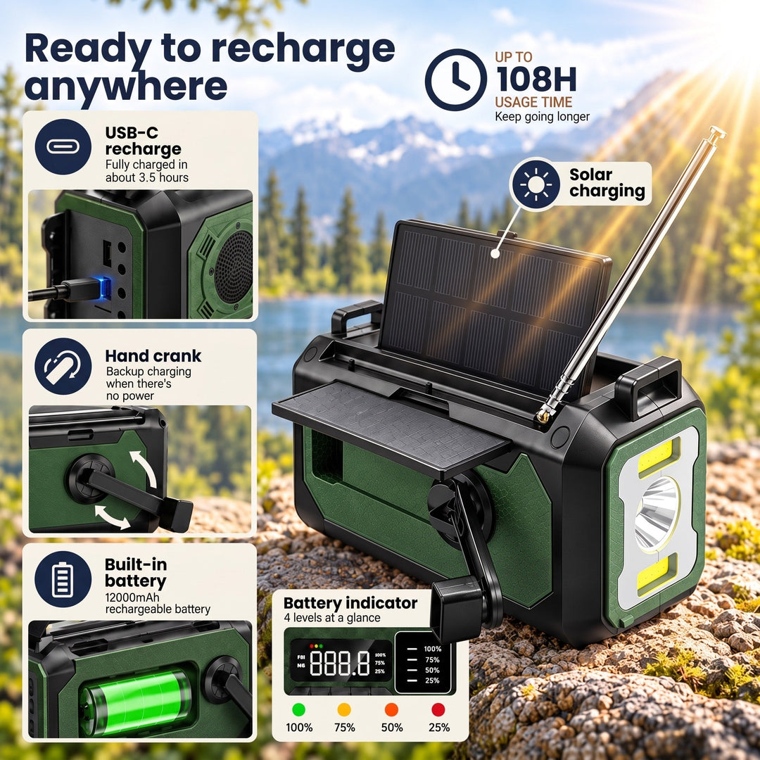 Recharge the weather radio by USB-C, hand crank or solar panel, up to 108 hours of use