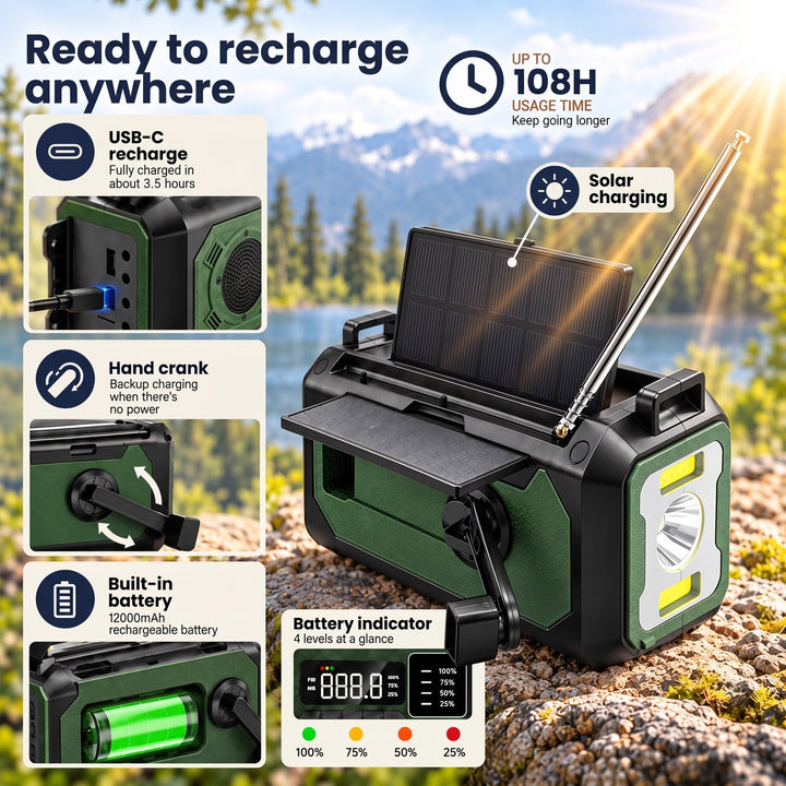 Recharge the weather radio by USB-C, hand crank or solar panel, up to 108 hours of use