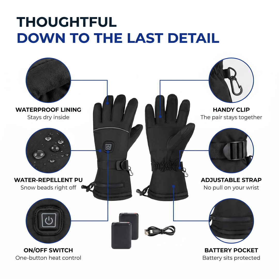 Heated ski glove details: waterproof lining, handy clip, adjustable strap, on/off switch, battery pocket