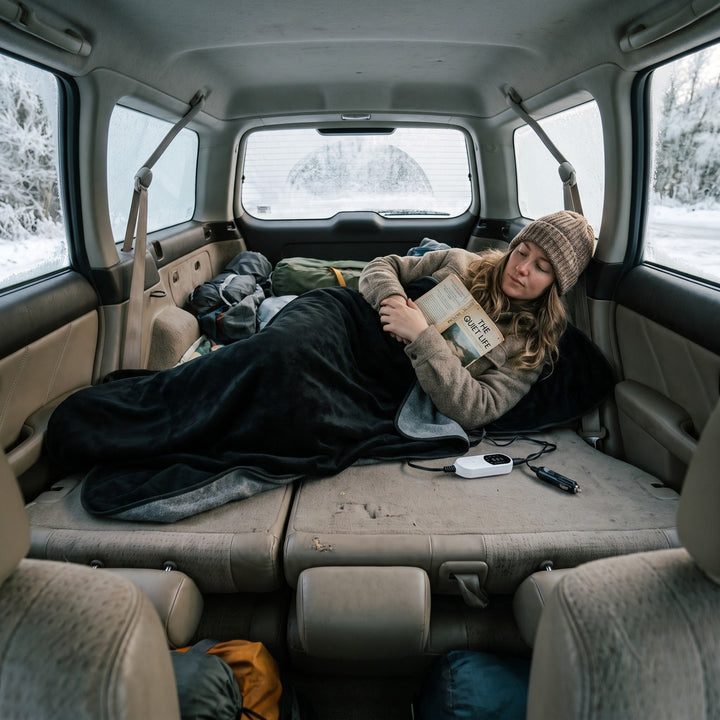 Woman resting in the back of a car under the black heated car blanket