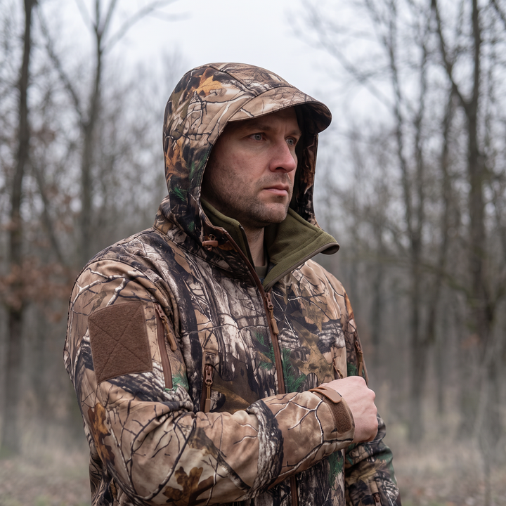 Male hunter wearing camo softshell hunting jacket with hood up in bare woodland at dawn
