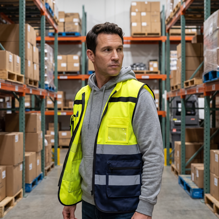 The vest worn open over a hooded sweatshirt in a warehouse