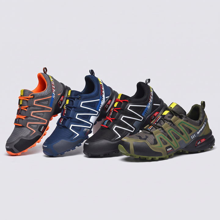 Men's trail running shoes in 4 colorways: gray/orange, navy, black, camo green