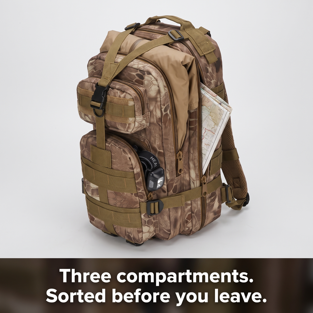 Three compartments opened with a jacket, map and headlamp