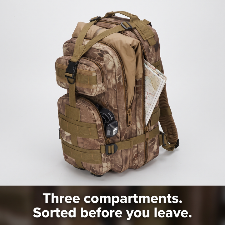 Three compartments opened with a jacket, map and headlamp