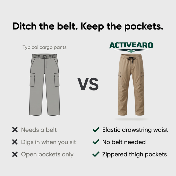 Elastic drawstring cargo pants compared with typical belted cargo pants