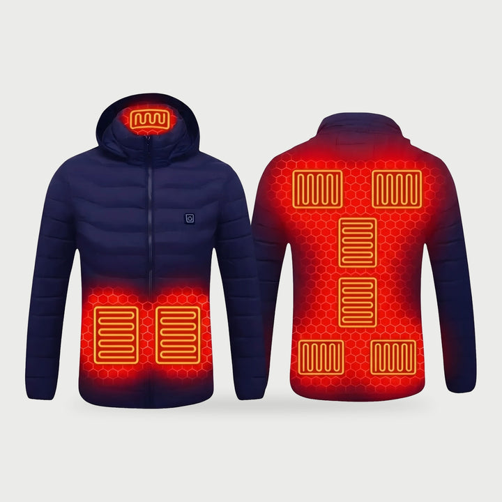 Heated coat in Navy, front and back with the heating zones shown