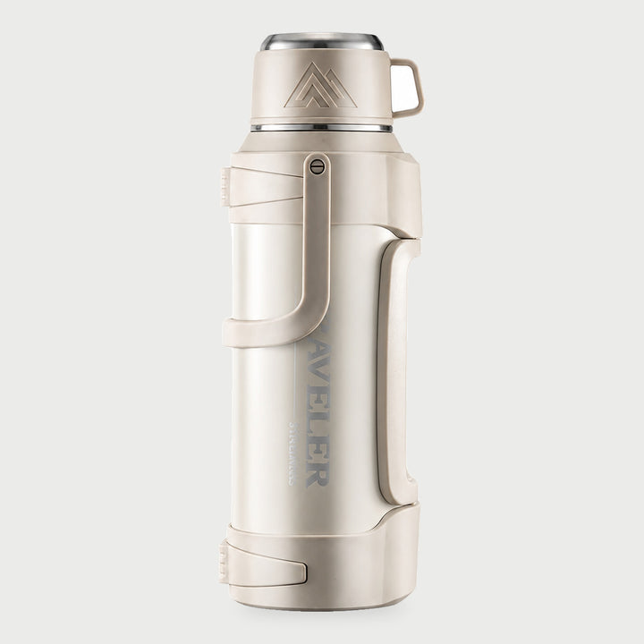 Large beige thermos with cup lid and folding carry handle