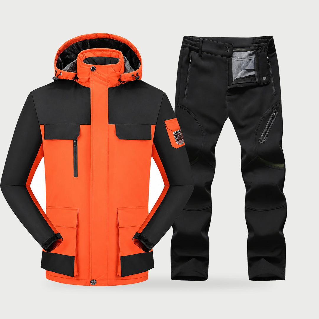 Men's ski suit with orange ski jacket and black ski pants