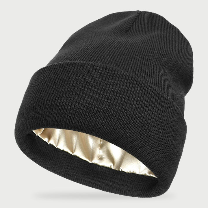 Satin lined beanie in Black