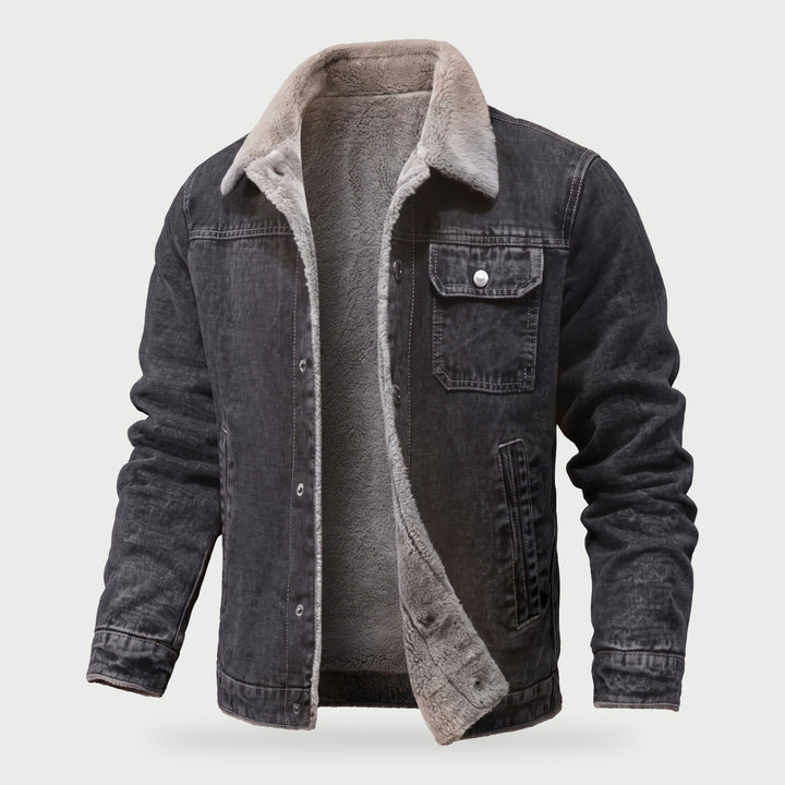 Sherpa lined jean jacket for men in washed black denim