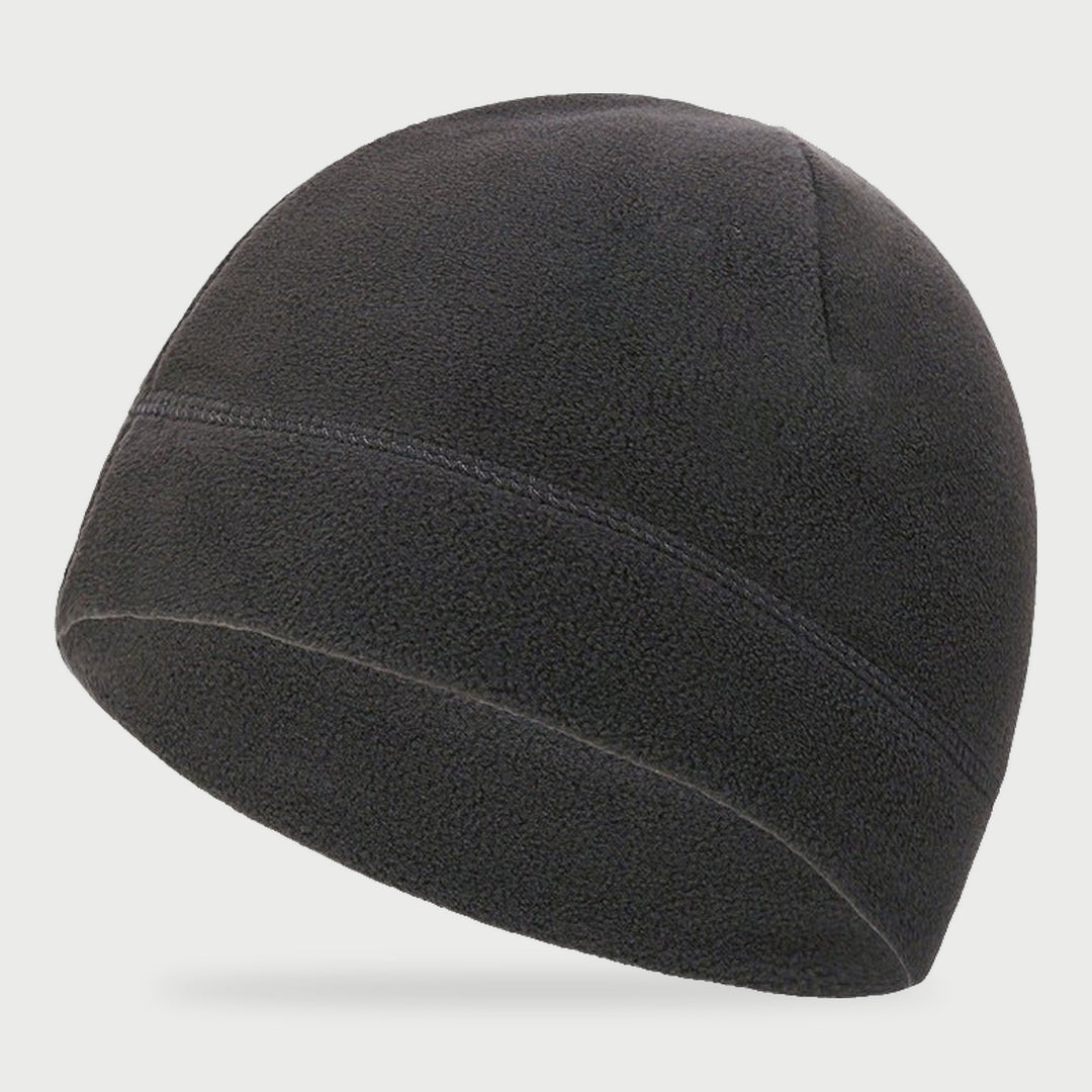 Gray fleece watch cap with a plain edge