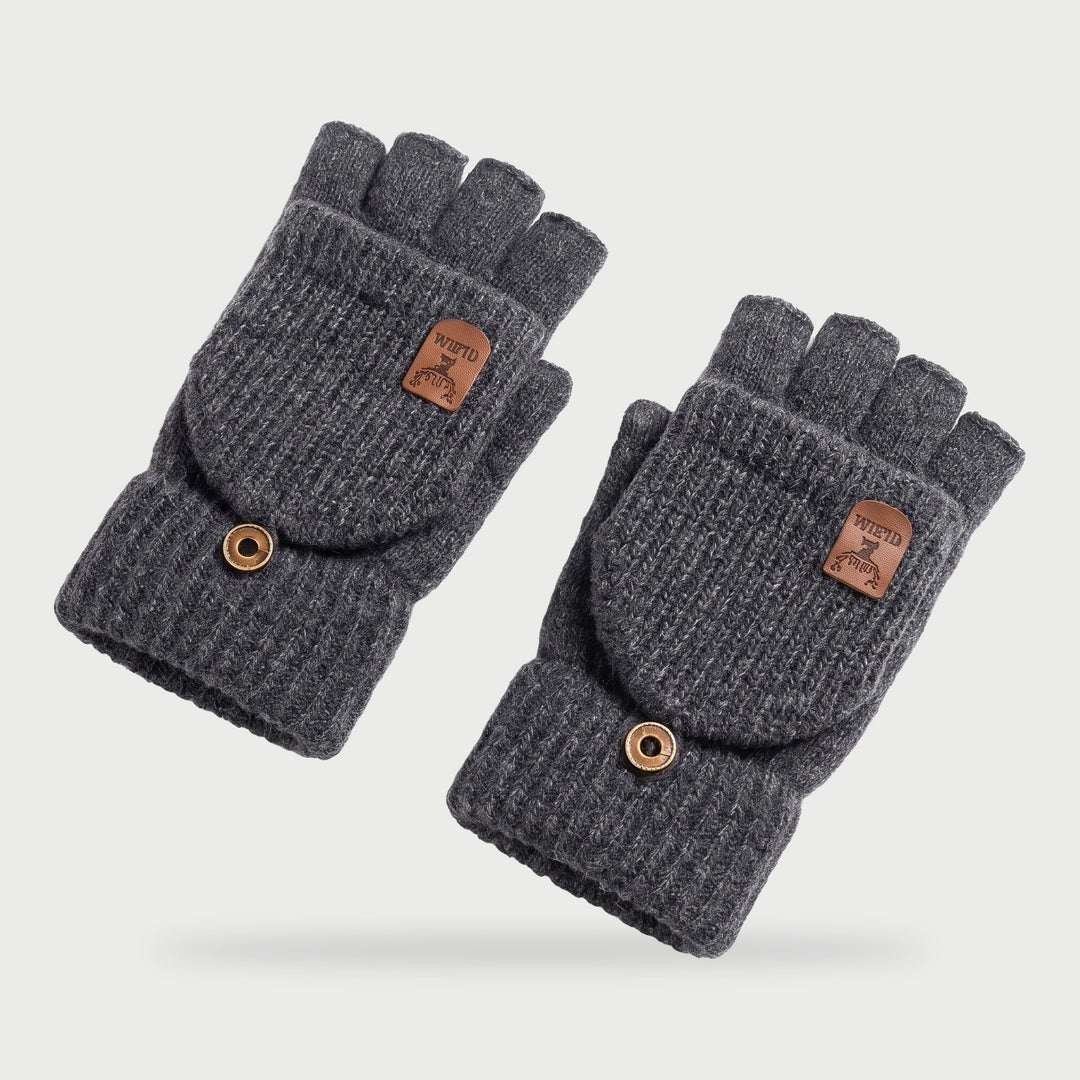 Cashmere fingerless gloves with fold back flap in Deep Gray
