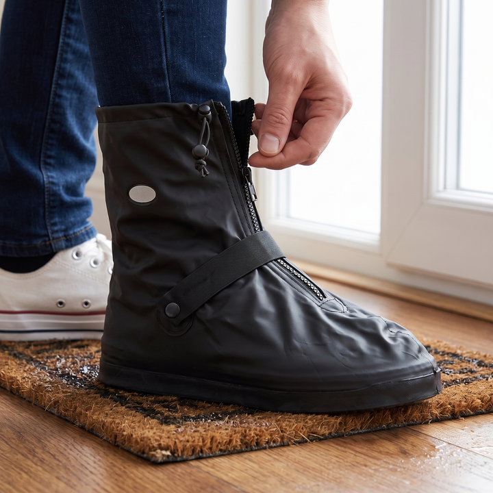 Zipping a rain shoe cover up over a sneaker at the front door