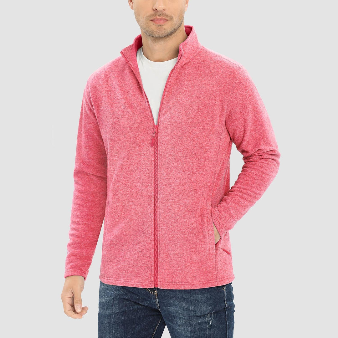 Men's full zip fleece jacket in Pink, worn, front view